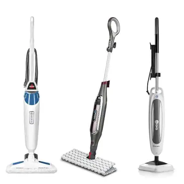 selection of steam mops on white background